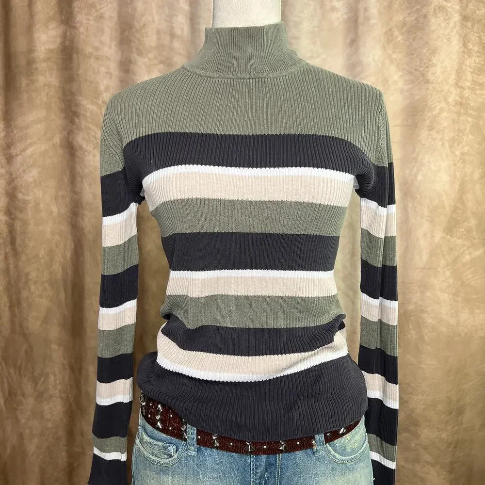 Y2K Striped Ribbed Sweater High Neck Long Sleeve Green Black Tan Skater Grunge - Picture 6 of 8